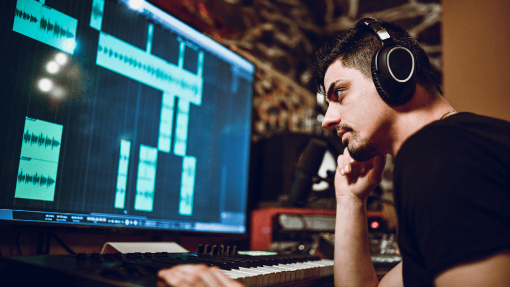 Music producer working on vocal tracks with a digital audio workstation in a professional home studio.