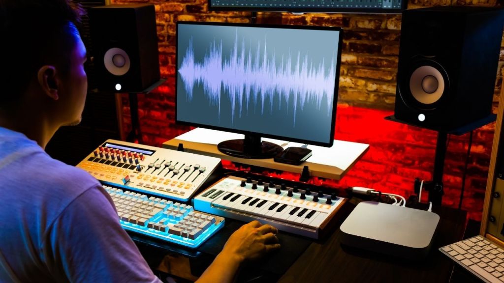 Music producer working in a studio with a MIDI keyboard, mixer, and DAW on screen showing vocal waveforms, illustrating modern AI-assisted vocal production.