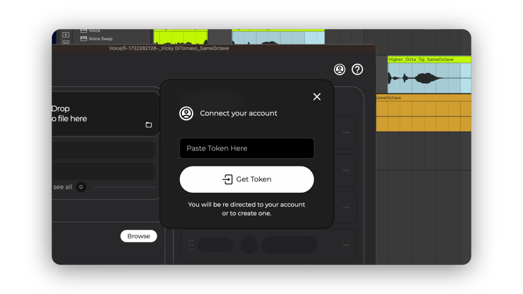 Connecting user account to Auribus voice plugin via token for seamless AI vocal integration in music production software.