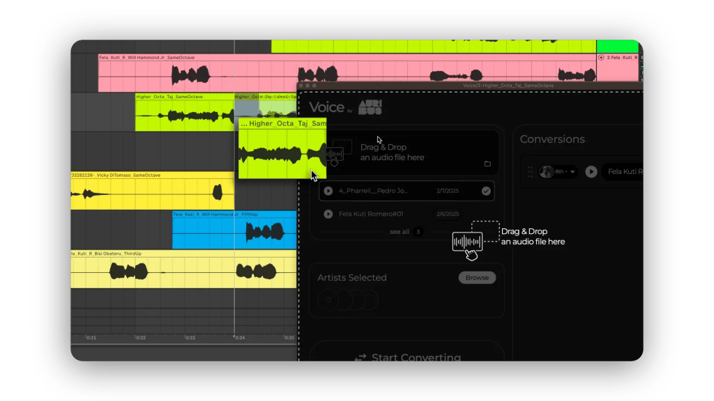Using Auribus voice plugin in a DAW with drag-and-drop vocal conversion for seamless AI-powered music production.