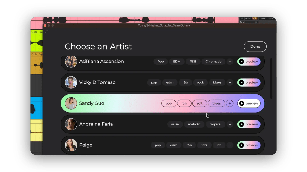 Auribus voice plugin interface showing artist selection menu for AI-powered vocals. Choose from real vocalists like Sandy Guo, Vicky DiTomaso, and others with genre tags including pop, R&B, folk, and blues. MusicTech tool designed for fast, ethical voice replacement and voice shopping with built-in artist compensation.
