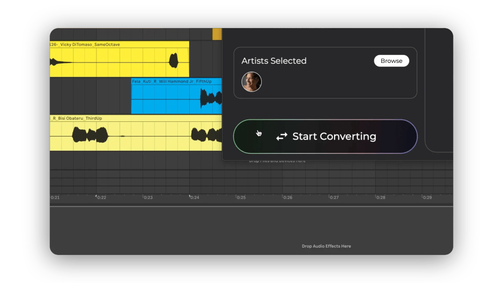Auribus plugin interface showing ‘Start Converting’ button for AI vocal transformation. Real-time vocal conversion workflow using selected artist voice within music production software. Streamlined voice-swapping tool built for producers using ethical AI and real artist compensation.