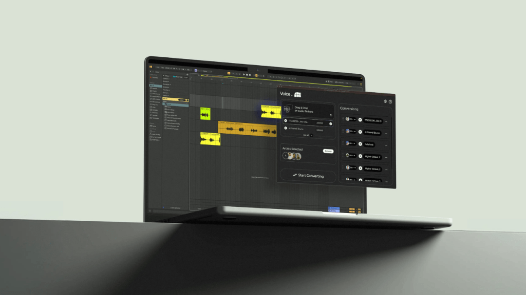 Laptop running DAW with Auribus AI vocal plugin interface.