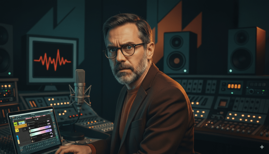 Experienced music producer evaluating AI vocal tools in a recording studio.