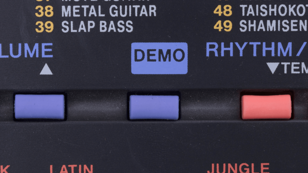 Keyboard close-up with the DEMO button symbolizing rough track creation.