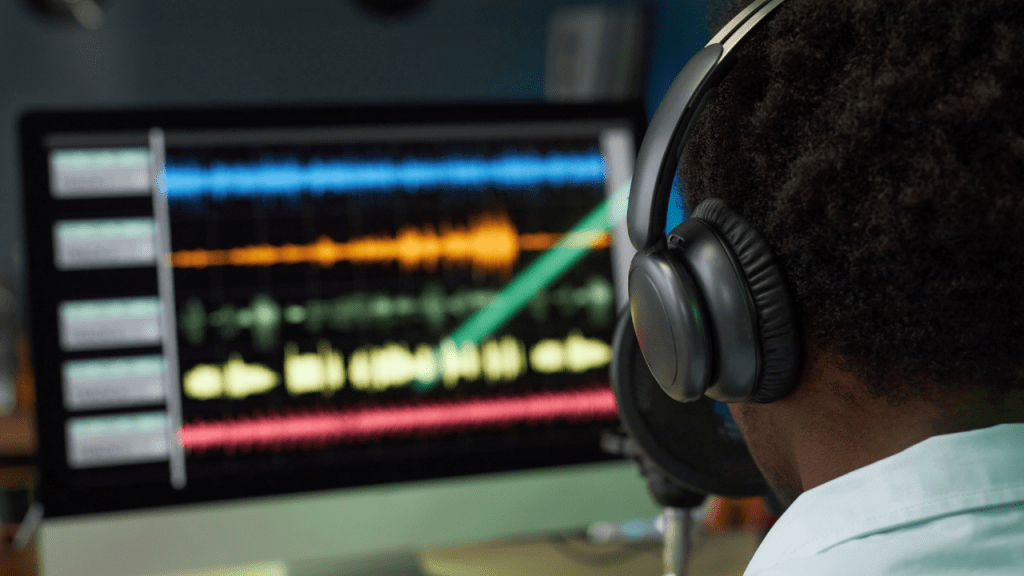 Vocalist recording in studio while monitoring sound waves on screen.