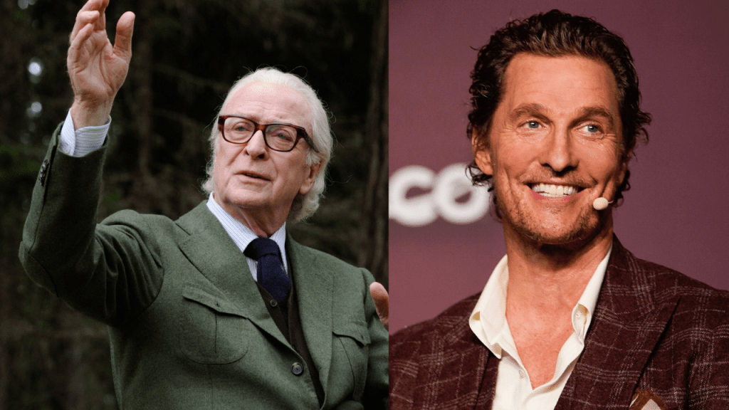 Michael caine y Matthew McConaughey, shown side by side, symbolizing opposing reactions within the creative industry toward AI voice cloning.