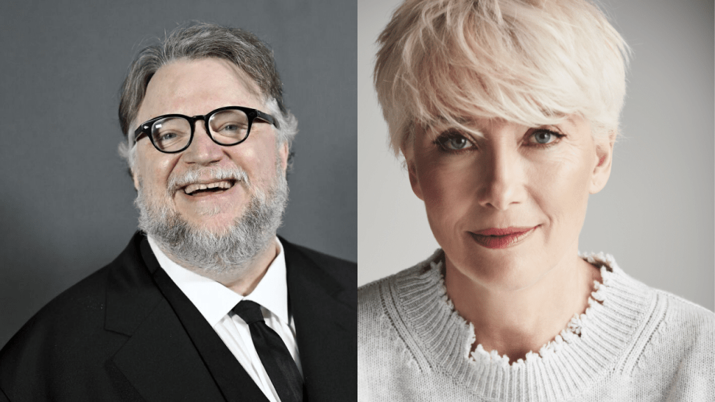 Guillermo del toro y Emma Thompson shown separately, illustrating strong public criticism of generative AI.