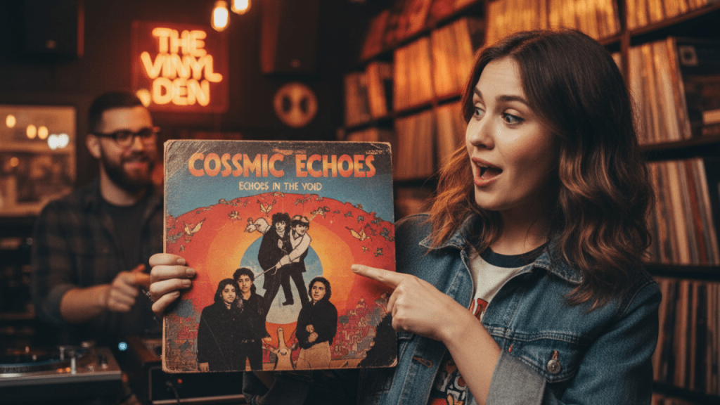 Woman holding a vintage vinyl record inside a record store, reacting with surprise and excitement, celebrating analog music, human creativity, and authentic sound culture