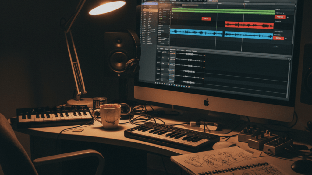 Music producer workspace with unfinished vocal tracks on a DAW screen, illustrating the creative cost and stalled progress caused by disposable AI vocals