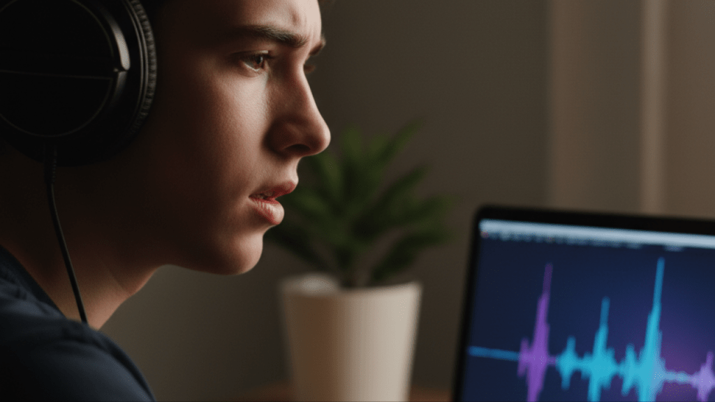 Music student wearing headphones looks uncertain while viewing vocal waveforms on a laptop, representing fear caused by lack of context around AI vocals.