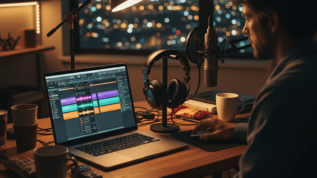 Music producer working late in a home studio with digital audio software and vocal tracks, illustrating how AI vocals are used in real-world production workflows.