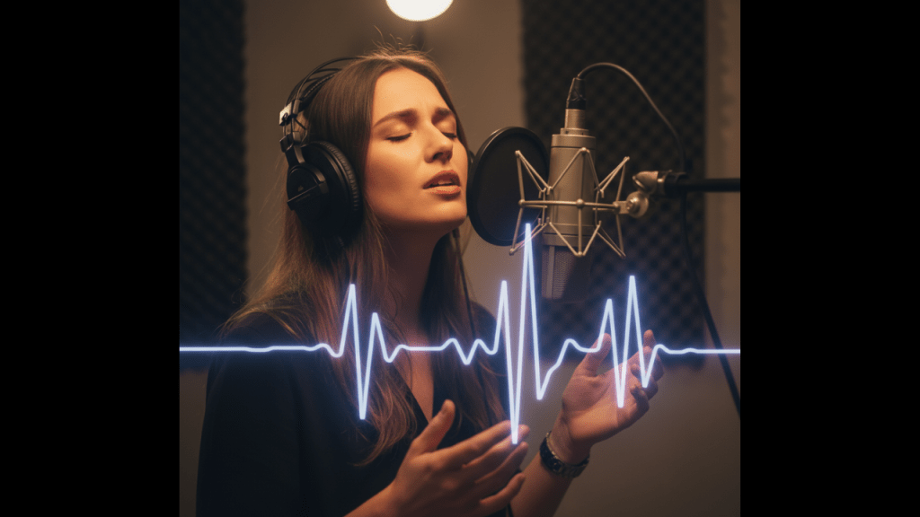 Singer recording vocals in a professional studio, emphasizing the human origin of ethical AI vocals and the importance of consent and fair compensation.