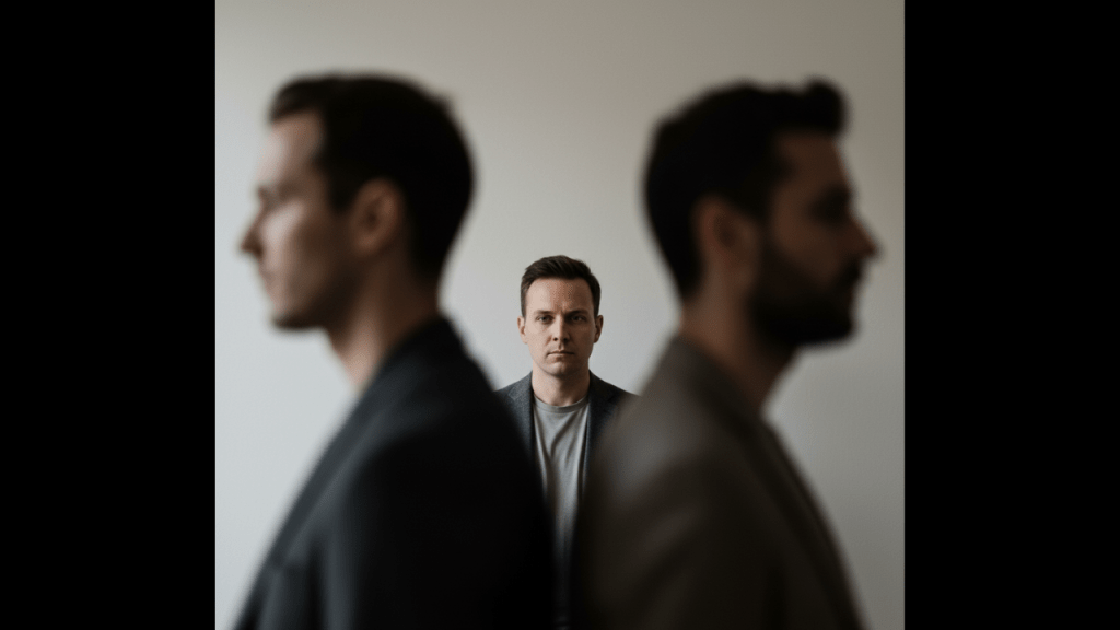 Realistic editorial photo of two blurred silhouettes facing opposite directions, with a musician in the center slightly out of focus, looking thoughtful rather than emotional. Neutral background, soft shadows, natural lighting. Symbolic of being caught between extremes. No technology clichés, no sci-fi, no robots. Documentary-style photography.