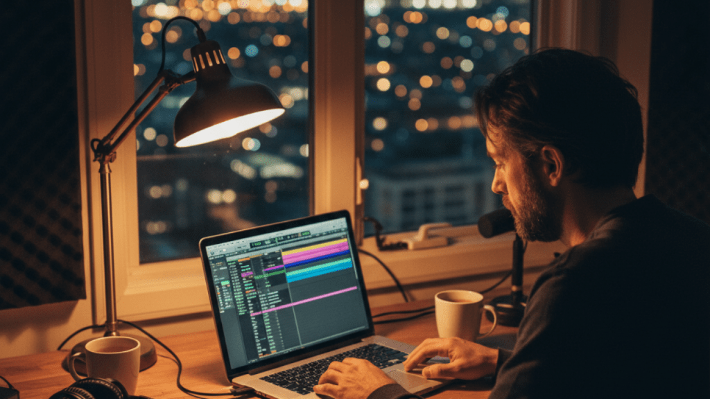 Realistic photo of a music producer working alone in a small studio at night, laptop open with a DAW and vocal tracks visible, notebook and headphones nearby. City lights outside a window suggesting remote collaboration and real deadlines. Warm, human lighting, authentic, candid feel. No futuristic UI, no branding.