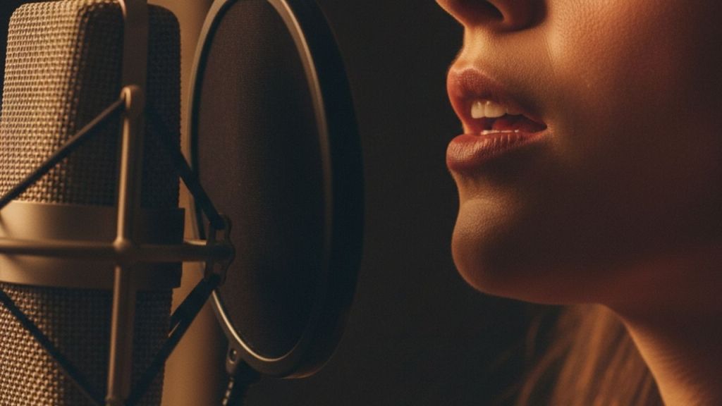 Close-up of a singer recording vocals, highlighting that a voice represents performance, training, and human expression.