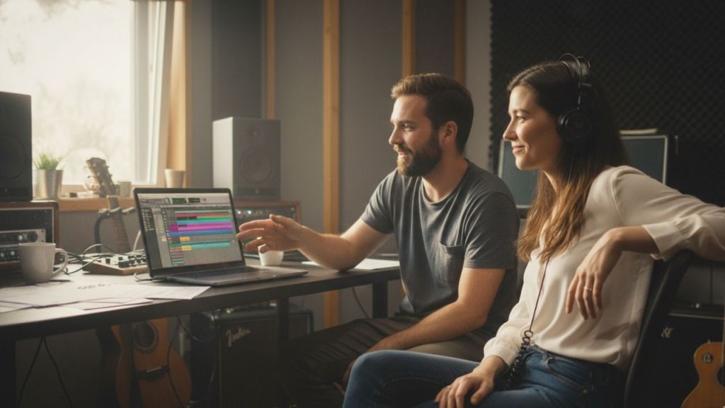 Producer and singer collaborating in a studio, illustrating trust and consent as the foundation of ethical AI vocal workflows.