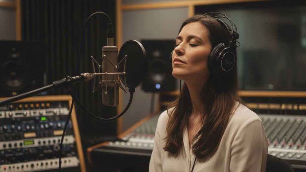 Singer reviewing a vocal recording, representing creative expansion and control through ethical AI participation.